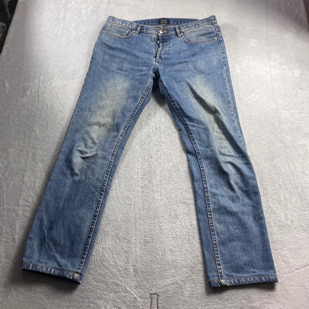 APC Petit Standard Mens Jeans Size 33 Blue Wash Straight Leg Denim Button Fly